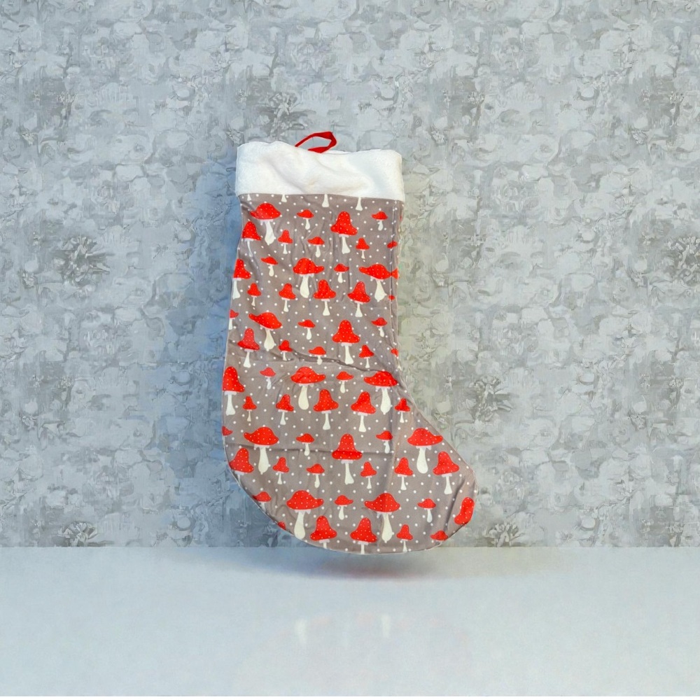 Gray, Red and White Mushroom Christmas Stocking